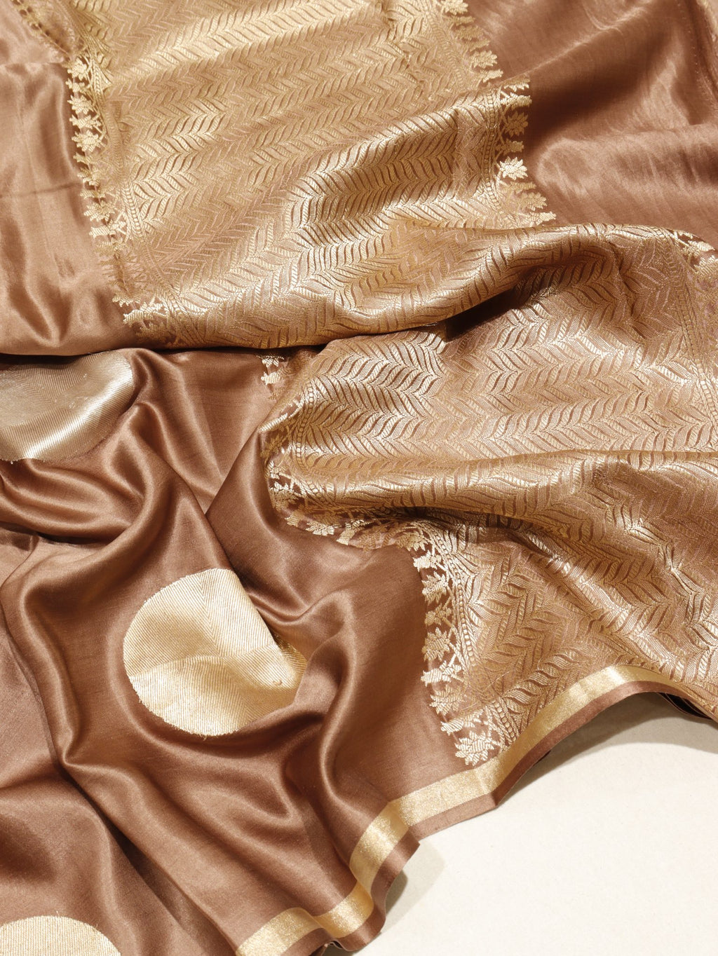 Bronze-Brown Mashru Silk Banarasi saree front drape view