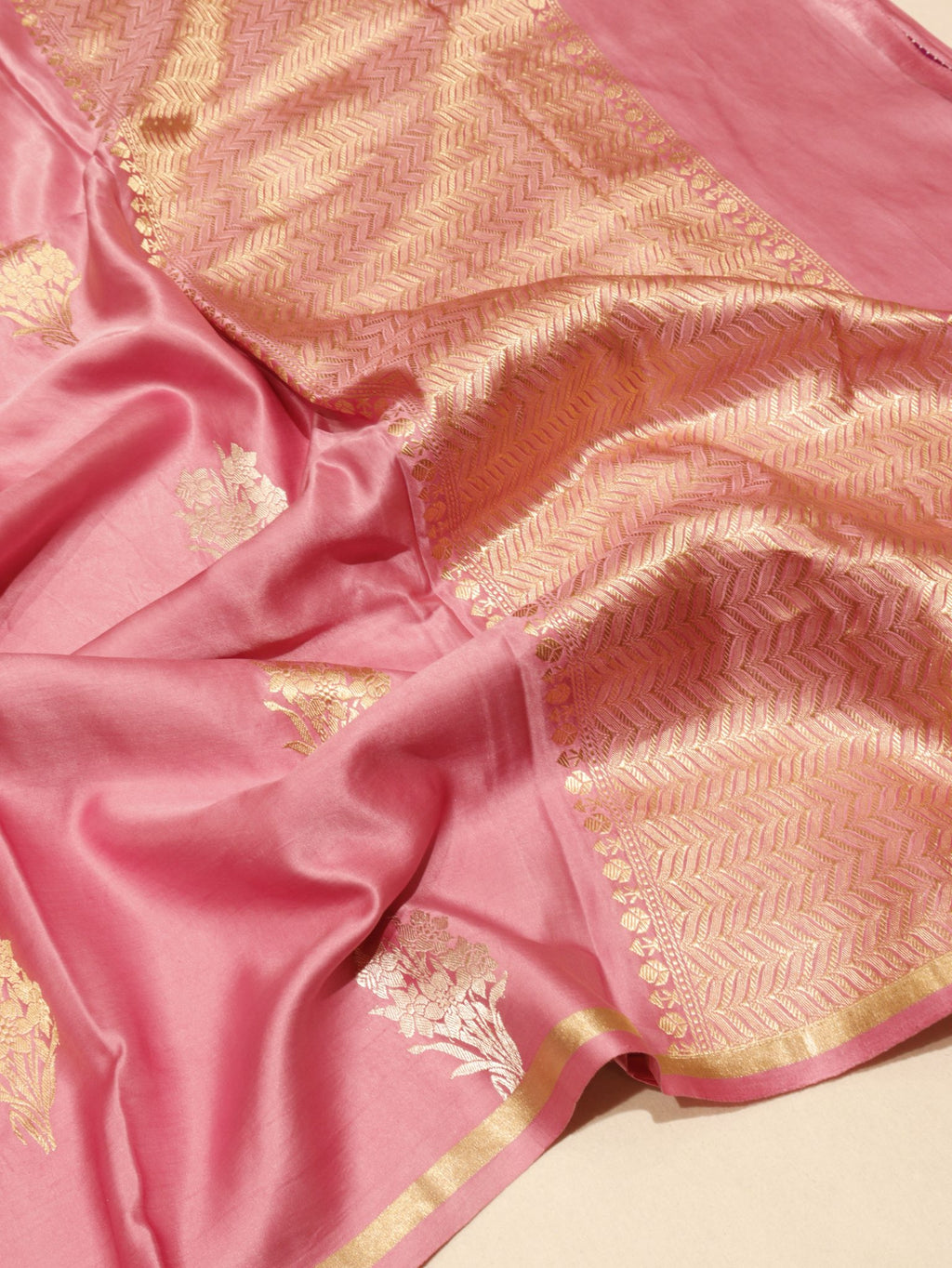 Pink Mashru Silk Banarasi saree front drape view