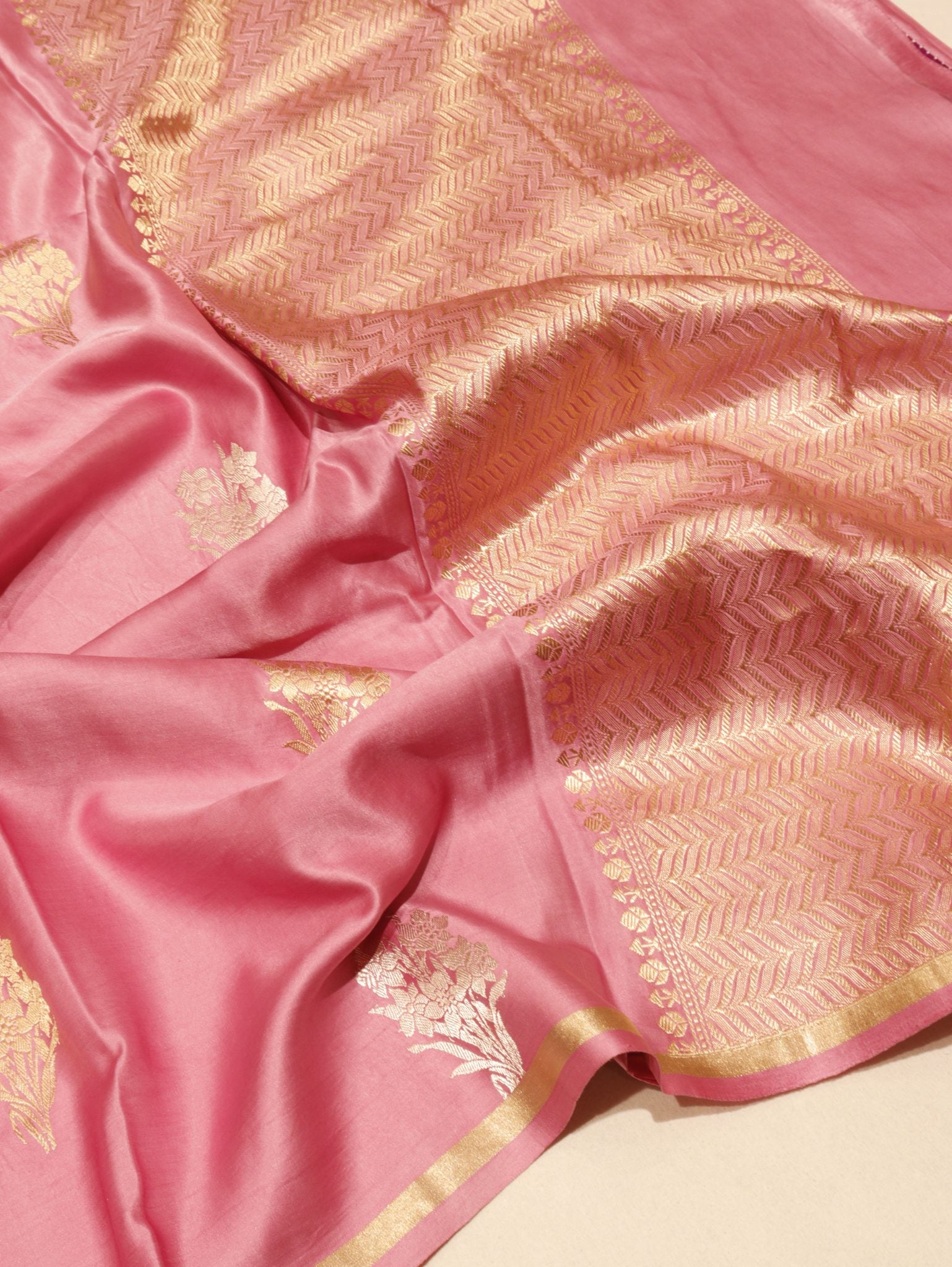 Pink Mashru Silk Banarasi saree front drape view