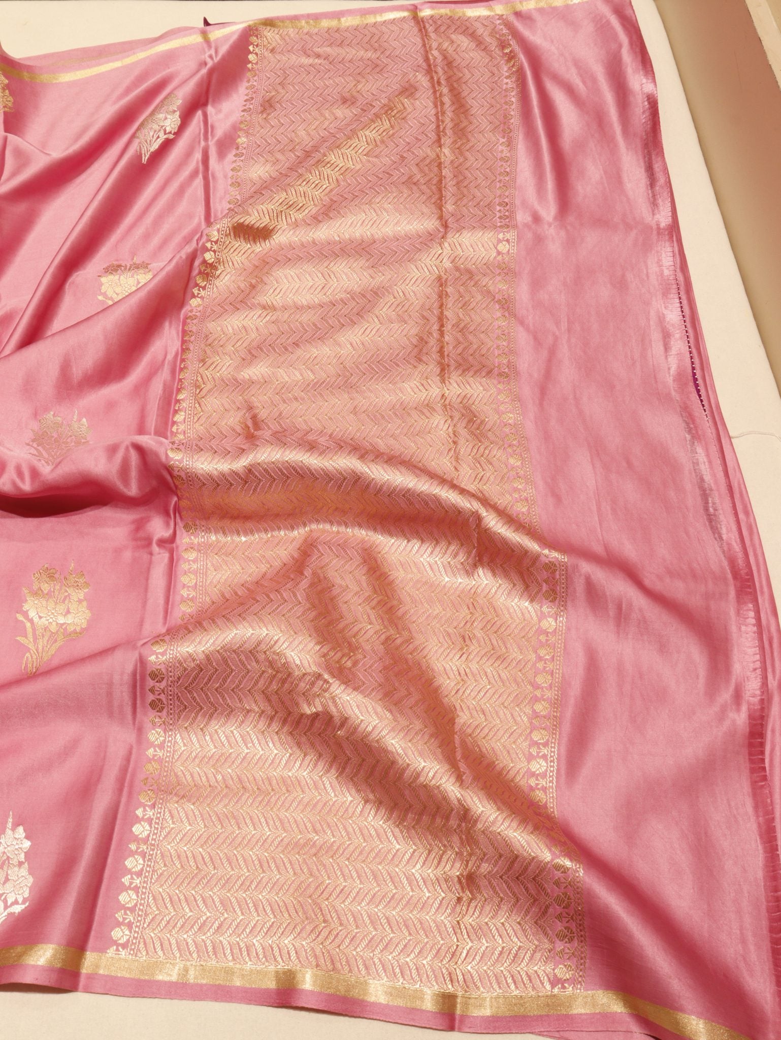 Pink Mashru Silk Banarasi saree zari work detail