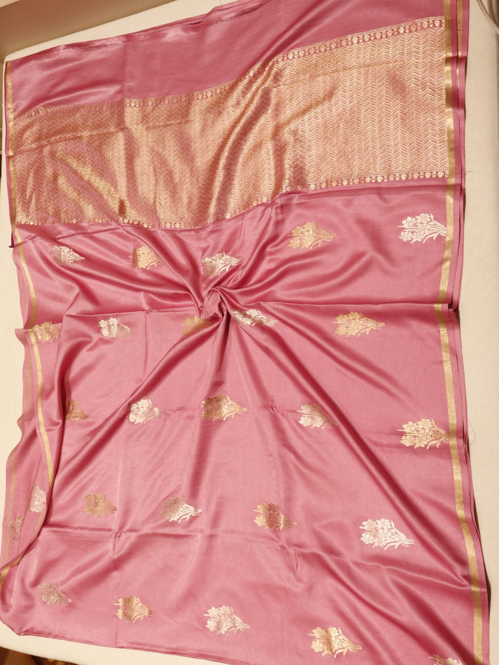 Pink Mashru Silk Banarasi saree front drape view