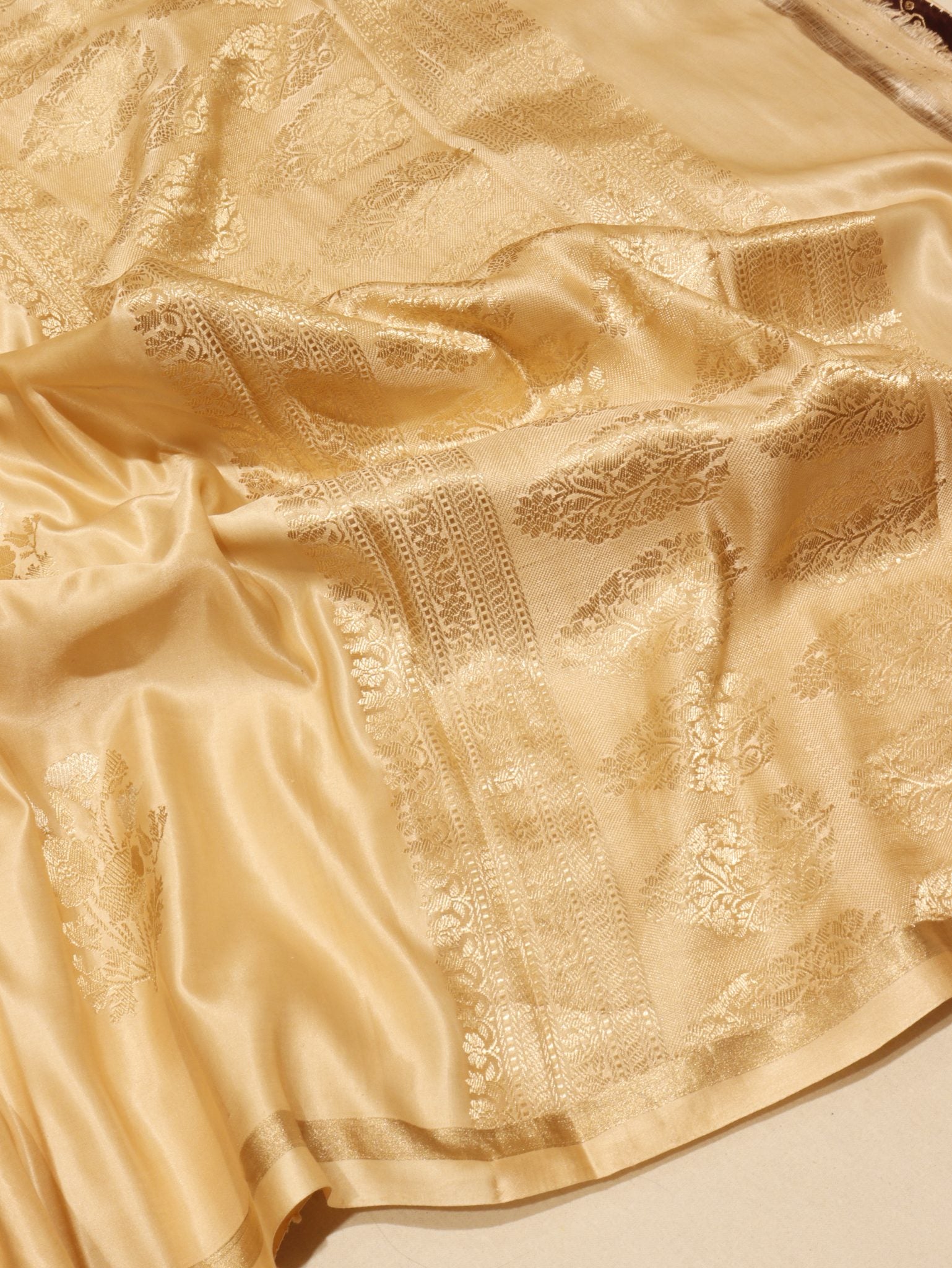 Champagne Gold Mashru Banarasi saree front drape view