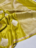 Mehendi Green Mashru Silk Banarasi saree front drape view