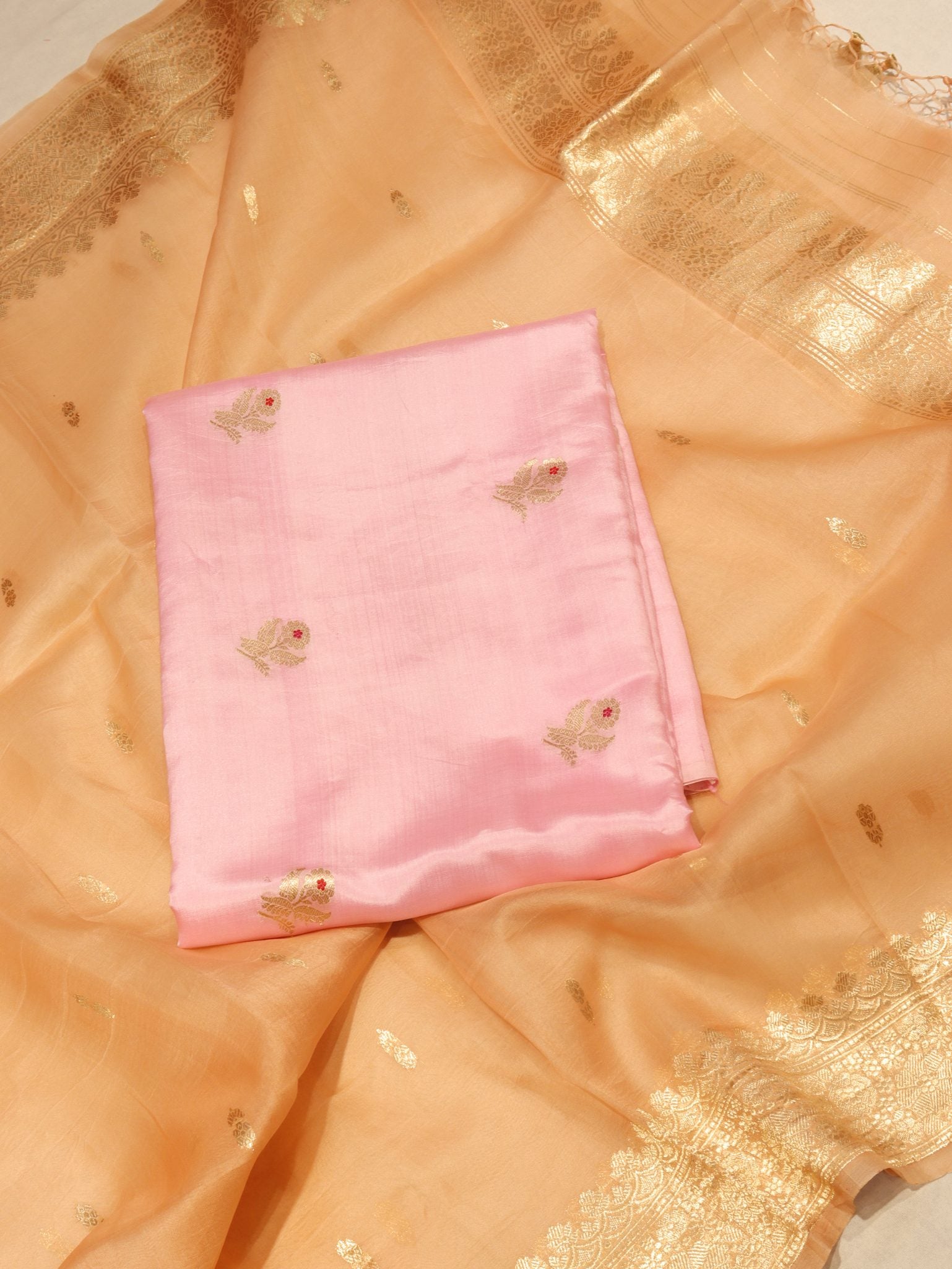 Pink Soft Katan Banarasi suit front drape view