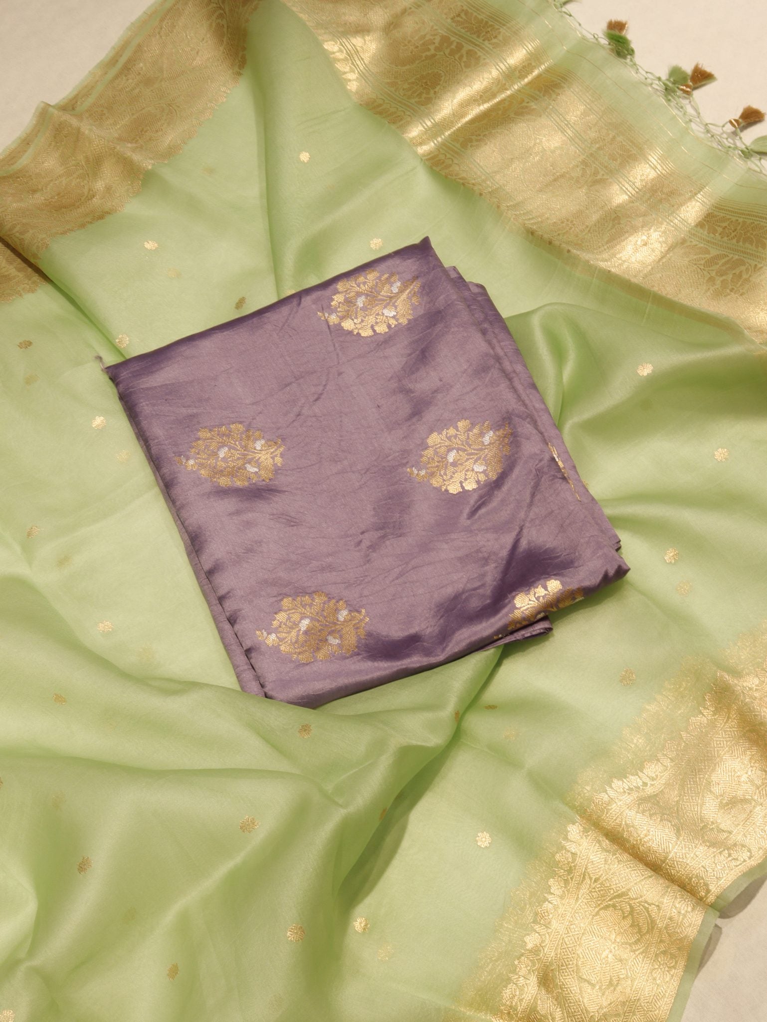 Lavender Soft Katan Banarasi suit front drape view