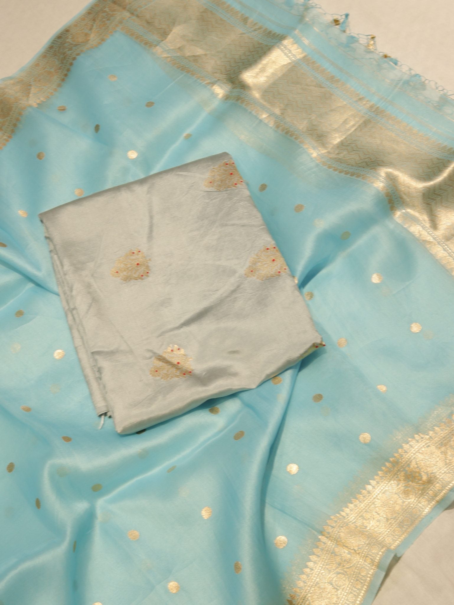 Powder Blue Soft Katan Banarasi suit front drape view