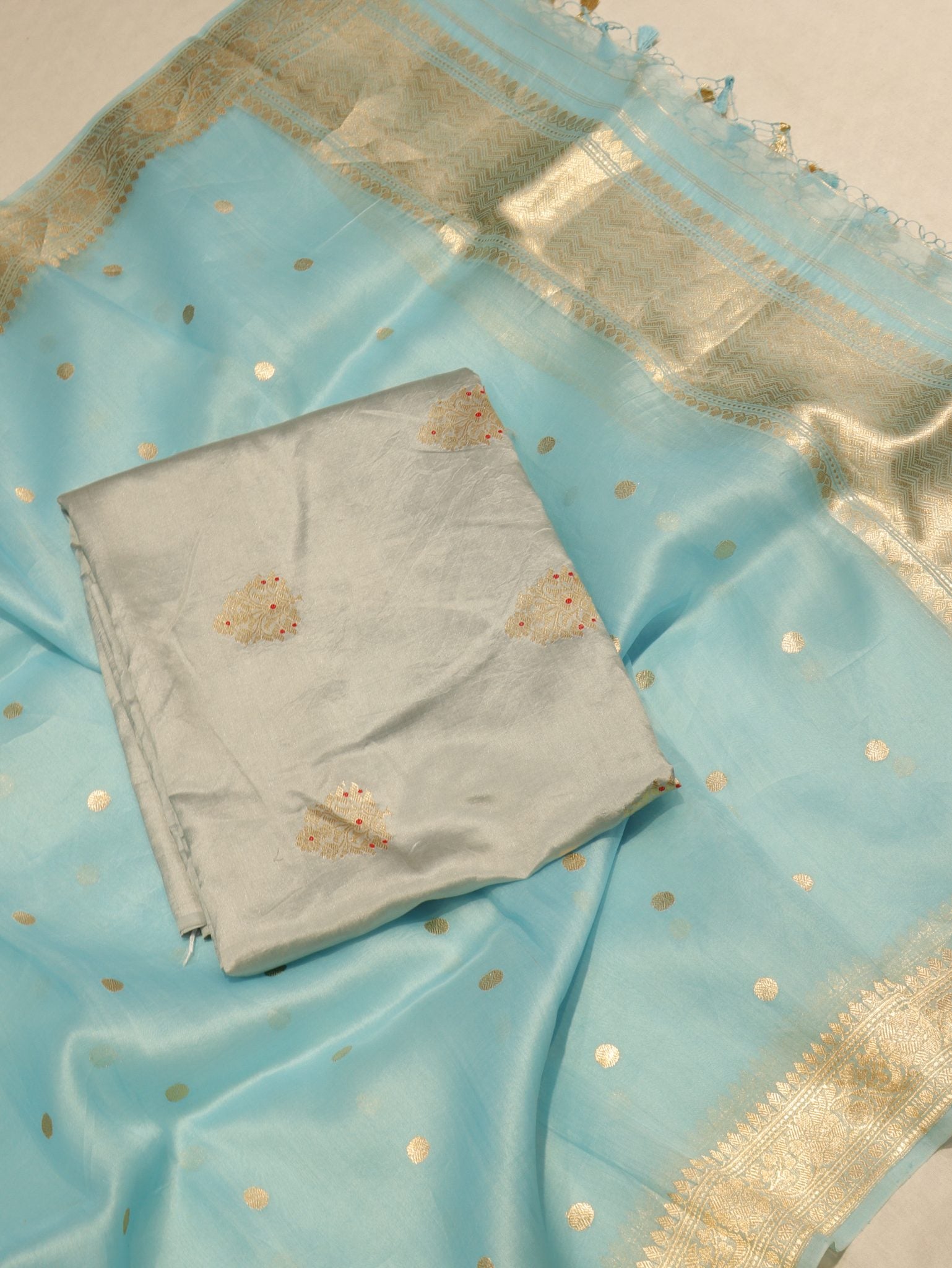 Powder Blue Soft Katan Banarasi suit neckline detail