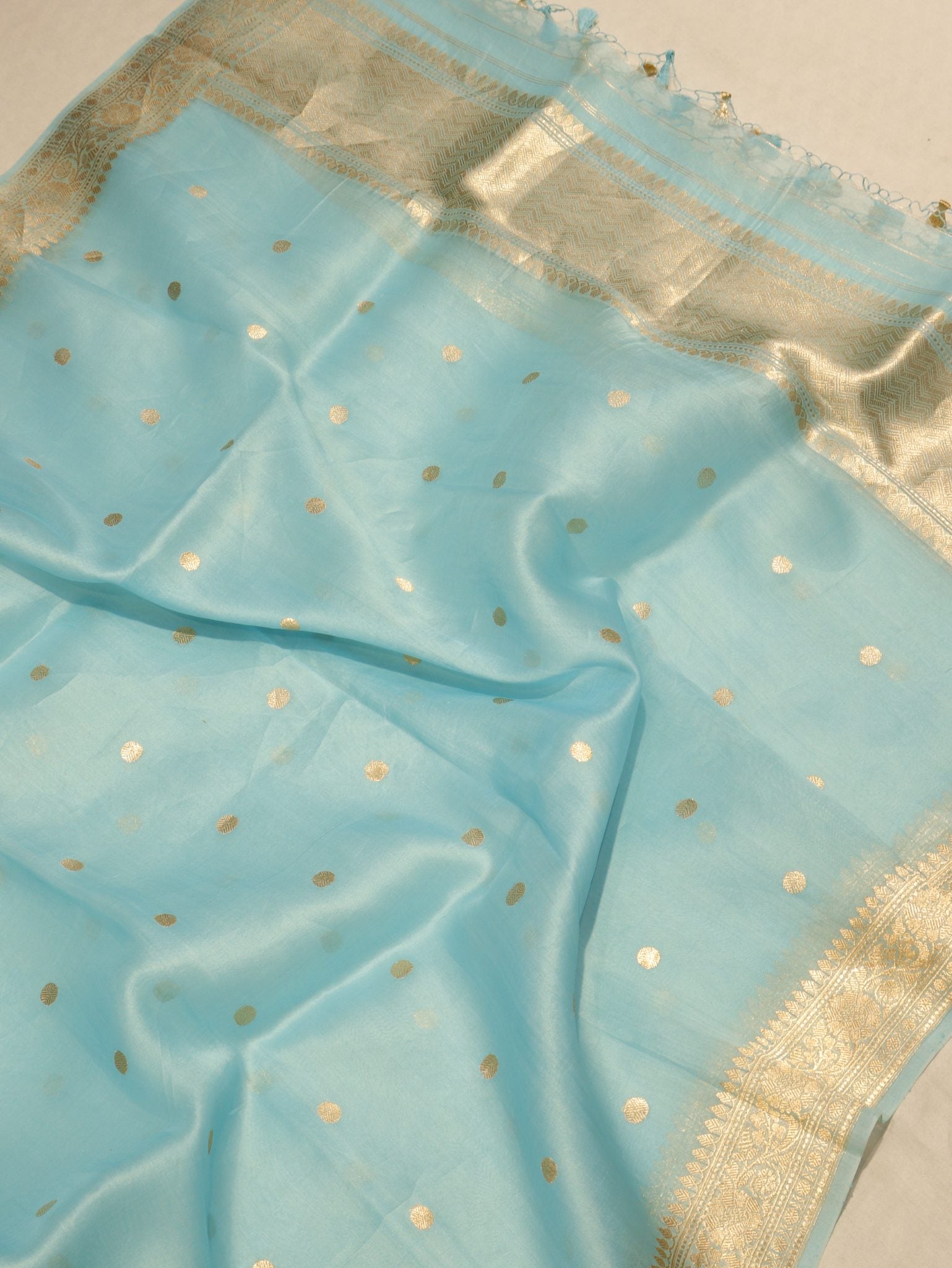 Powder Blue Soft Katan Banarasi suit sleeve detail