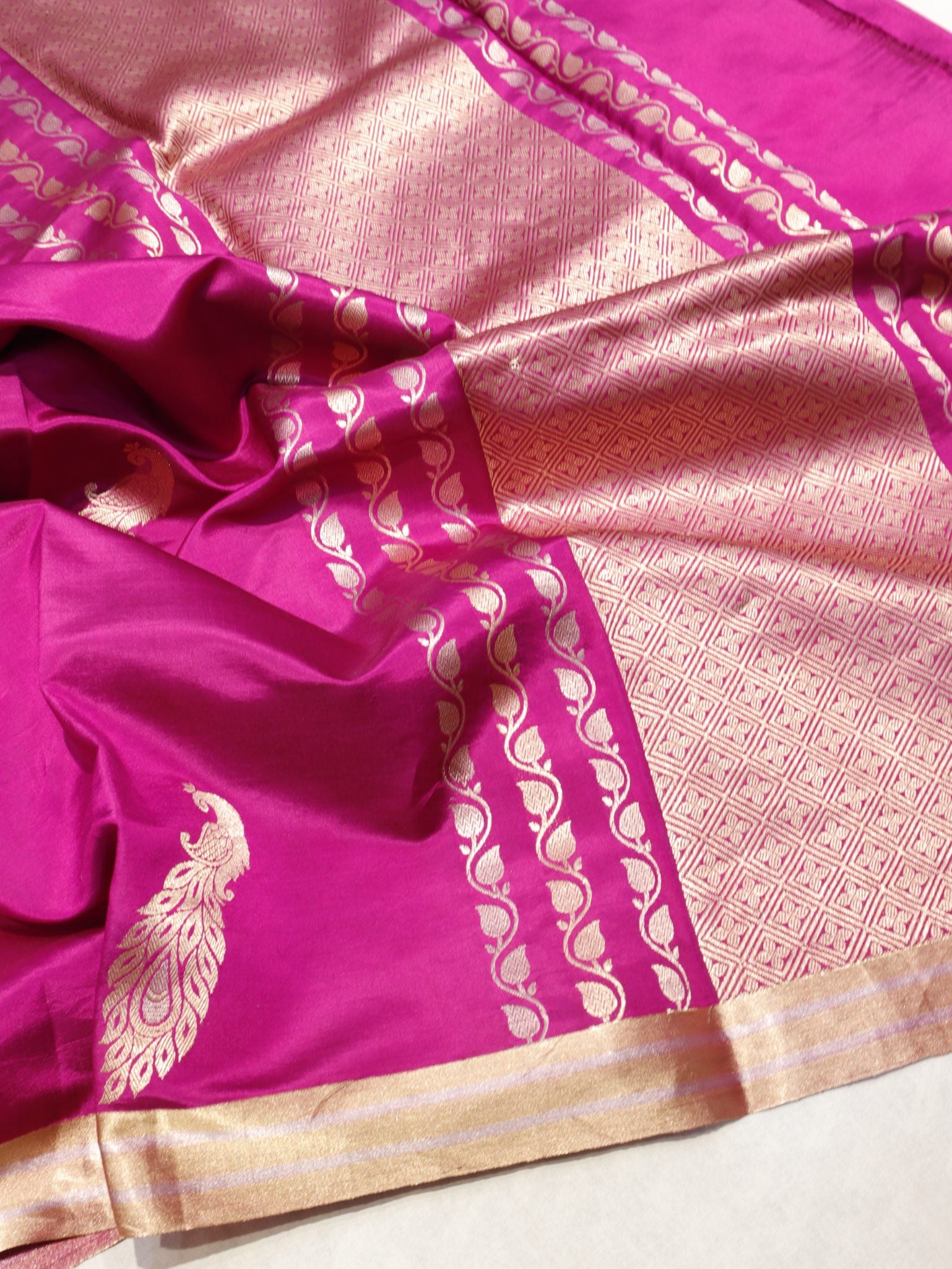 Pink Soft Katan Banarasi saree front drape view