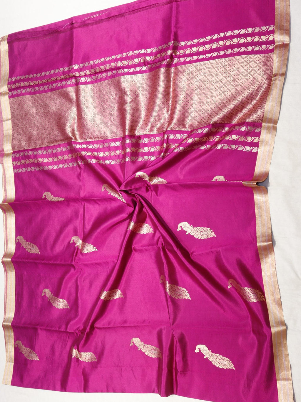 Pink Soft Katan Banarasi saree front drape view