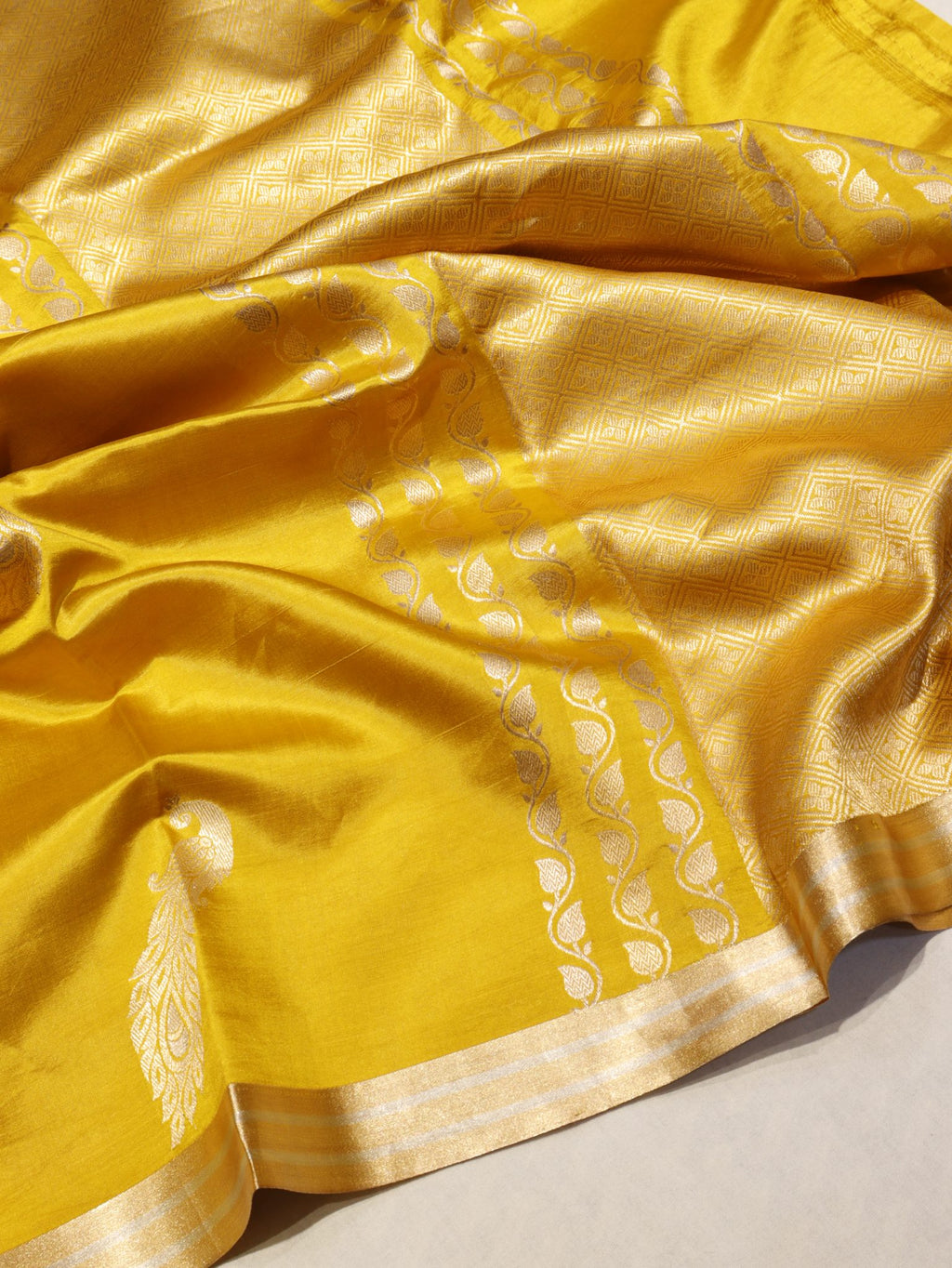 Mustard Yellow Soft Katan Banarasi saree front drape view