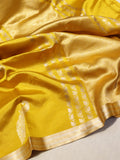 Mustard Yellow Soft Katan Banarasi saree front drape view