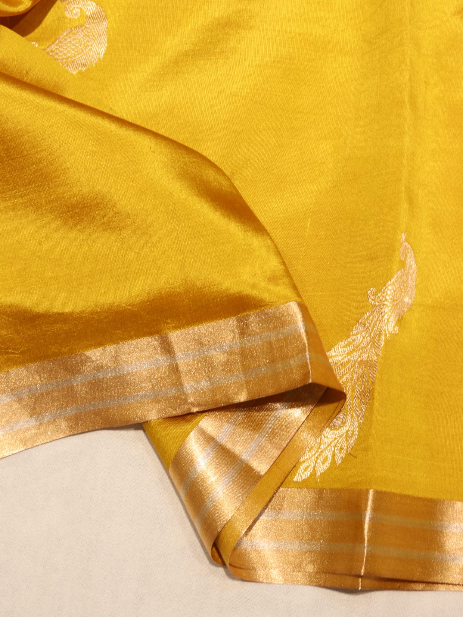 Mustard Yellow Soft Katan Banarasi saree texture detail