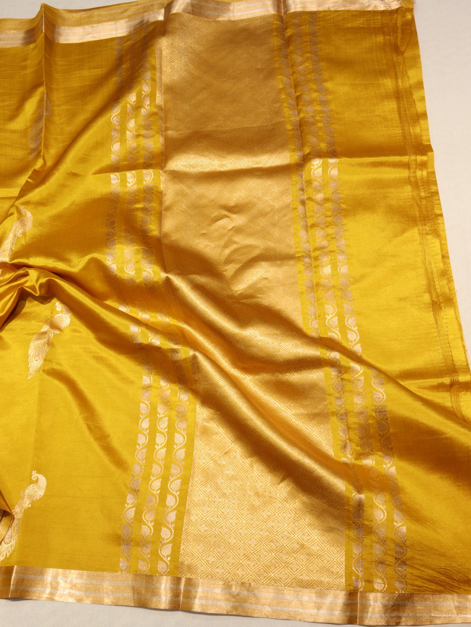 Mustard Yellow Soft Katan Banarasi saree zari work detail