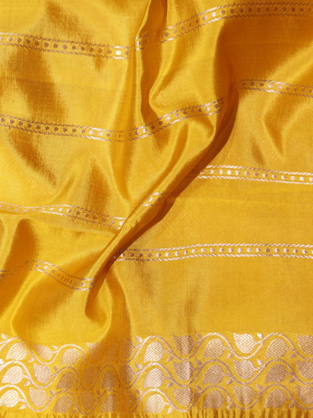 Mustard Yellow Soft Katan Banarasi saree folded view