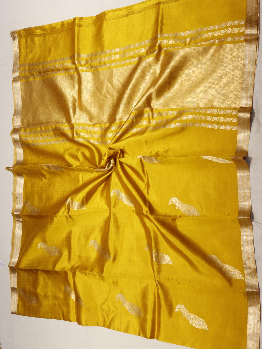 Mustard Yellow Soft Katan Banarasi saree front drape view