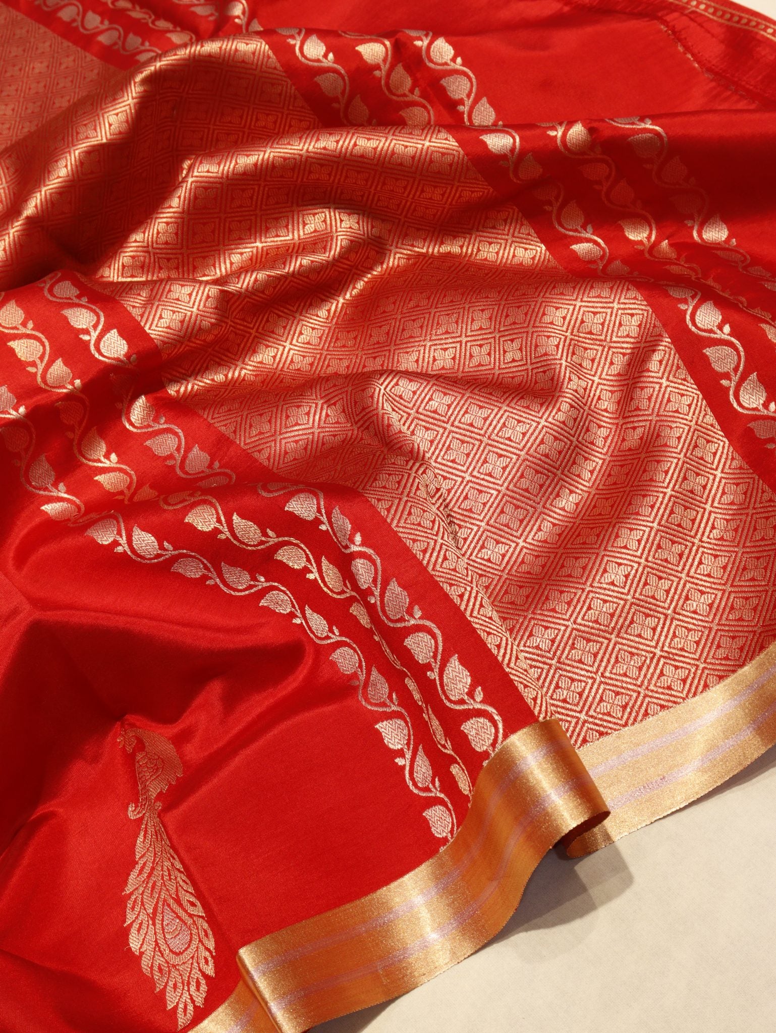 Red Soft Katan Banarasi saree front drape view
