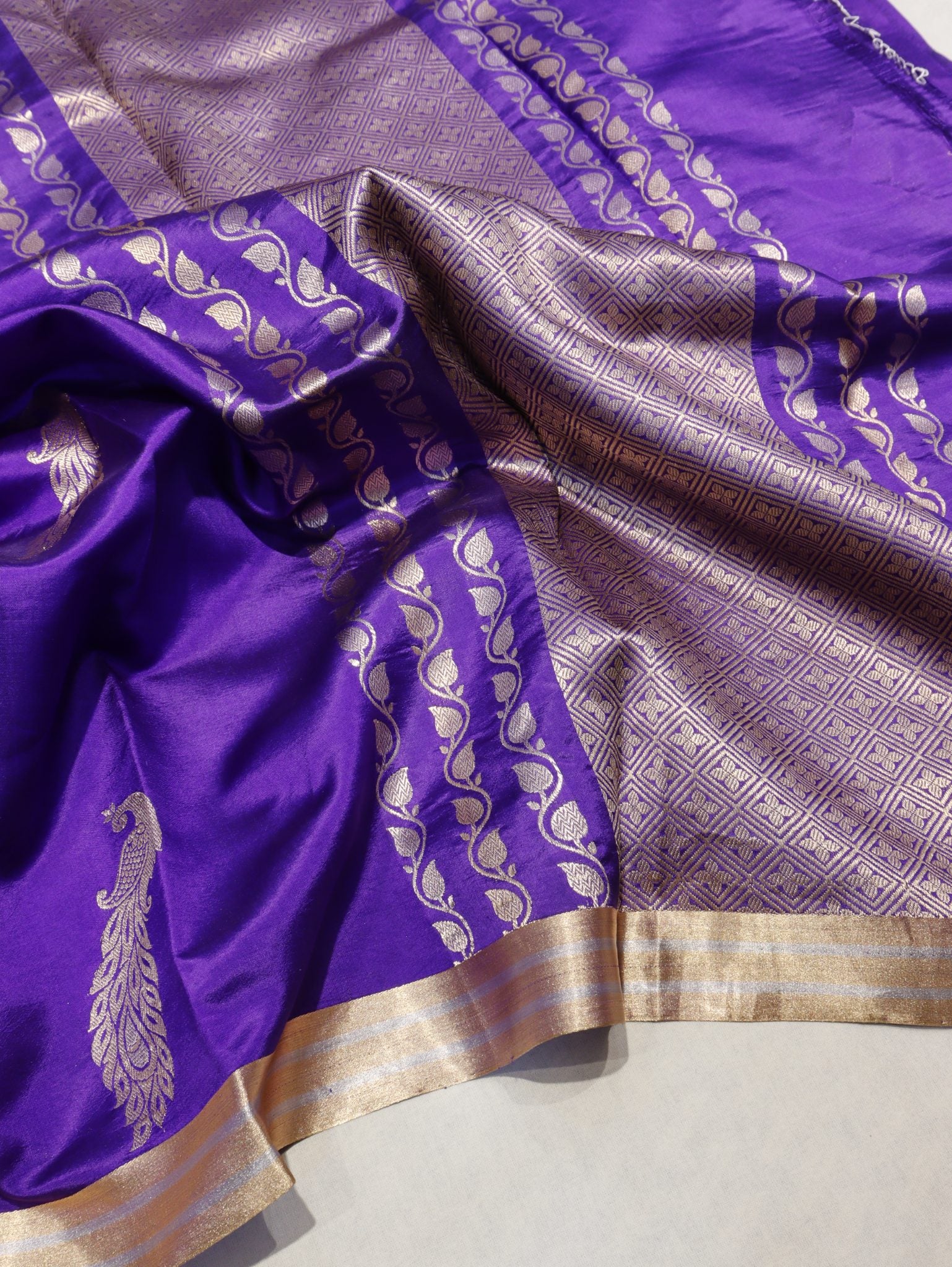 Purple Soft Katan Banarasi saree front drape view