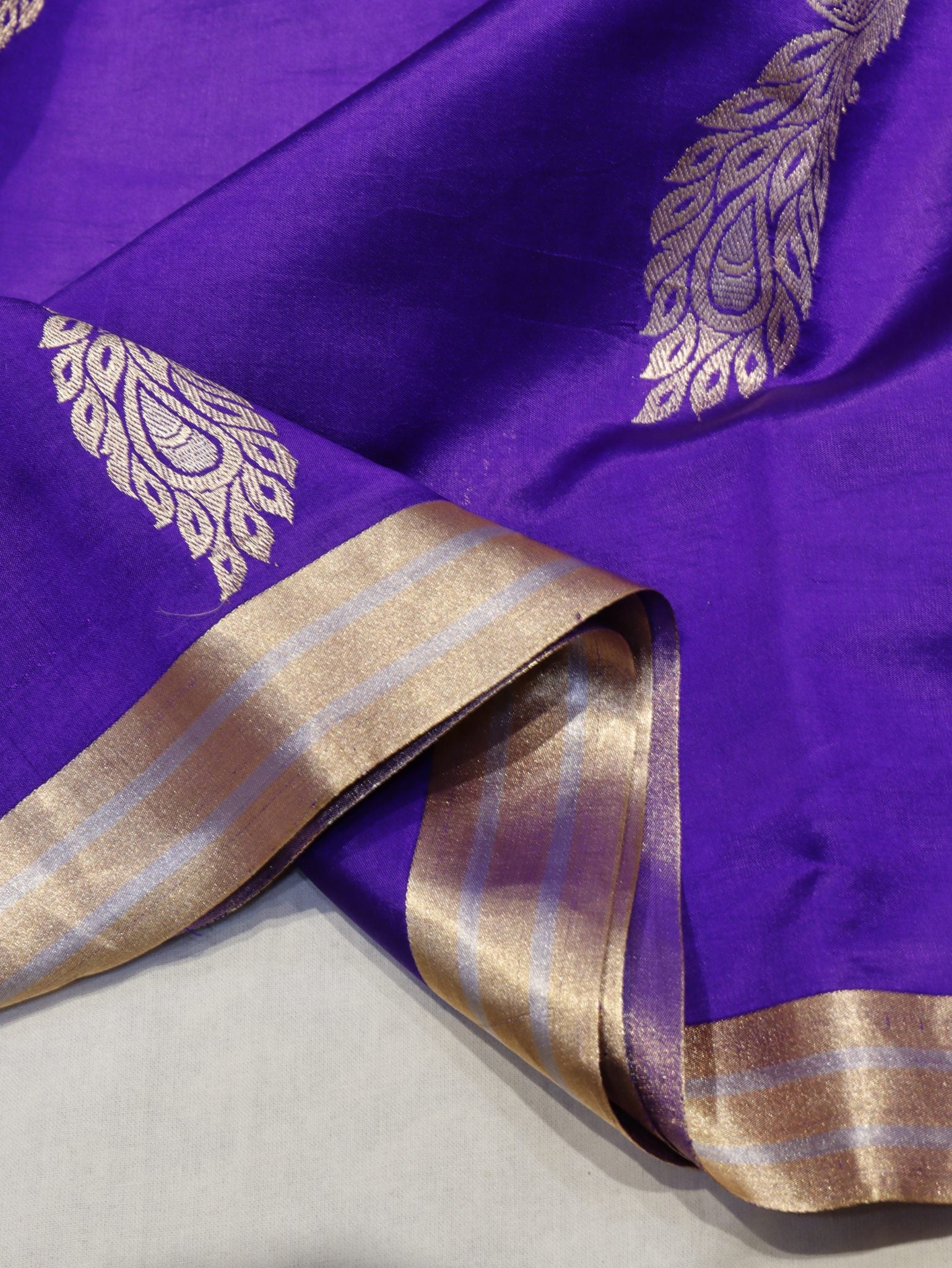 Purple Soft Katan Banarasi saree border closeup