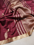 Wine Maroon Soft Katan Banarasi saree front drape view
