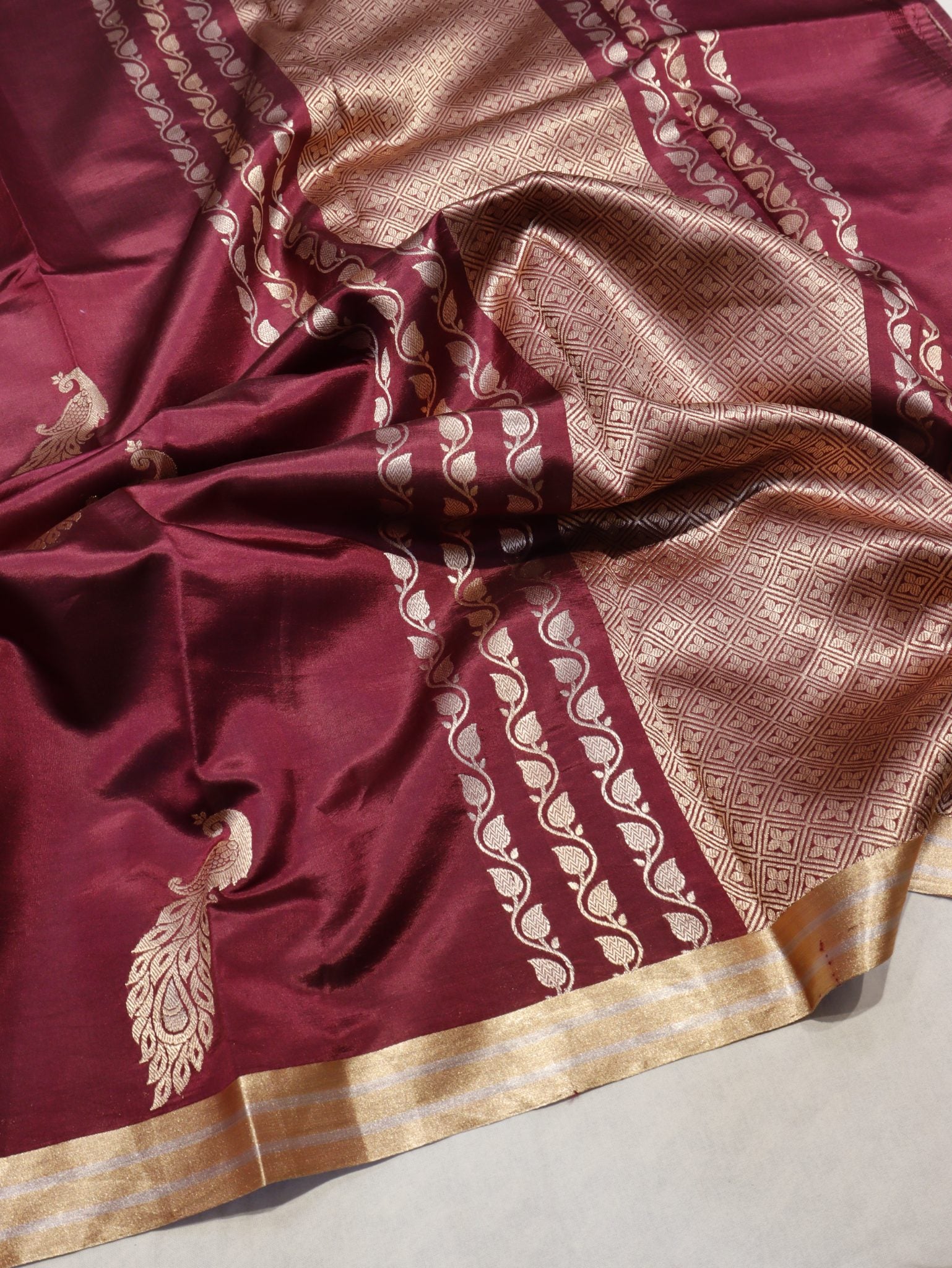 Wine Maroon Soft Katan Banarasi saree front drape view