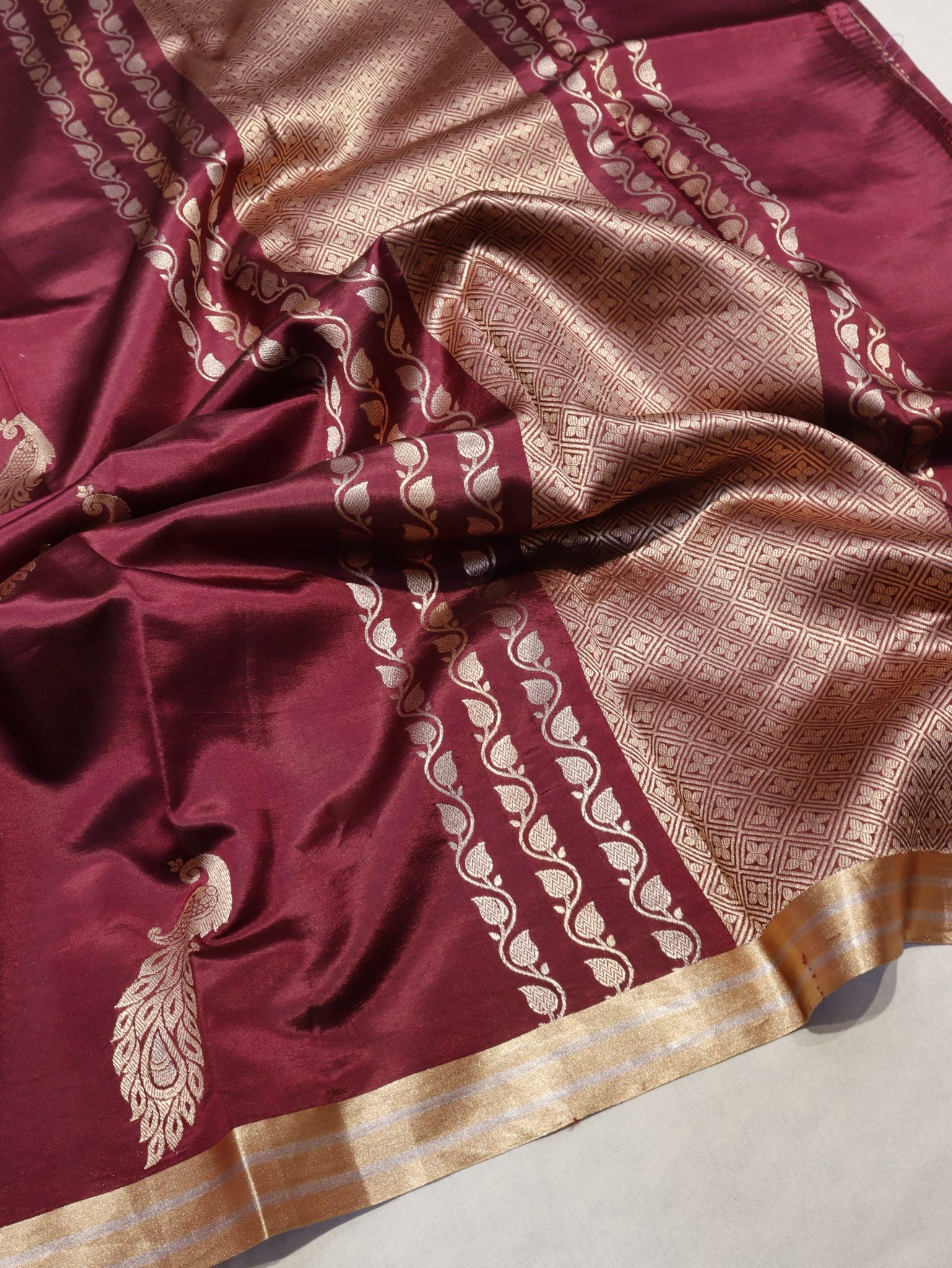 Wine Maroon Soft Katan Banarasi saree pallu detail