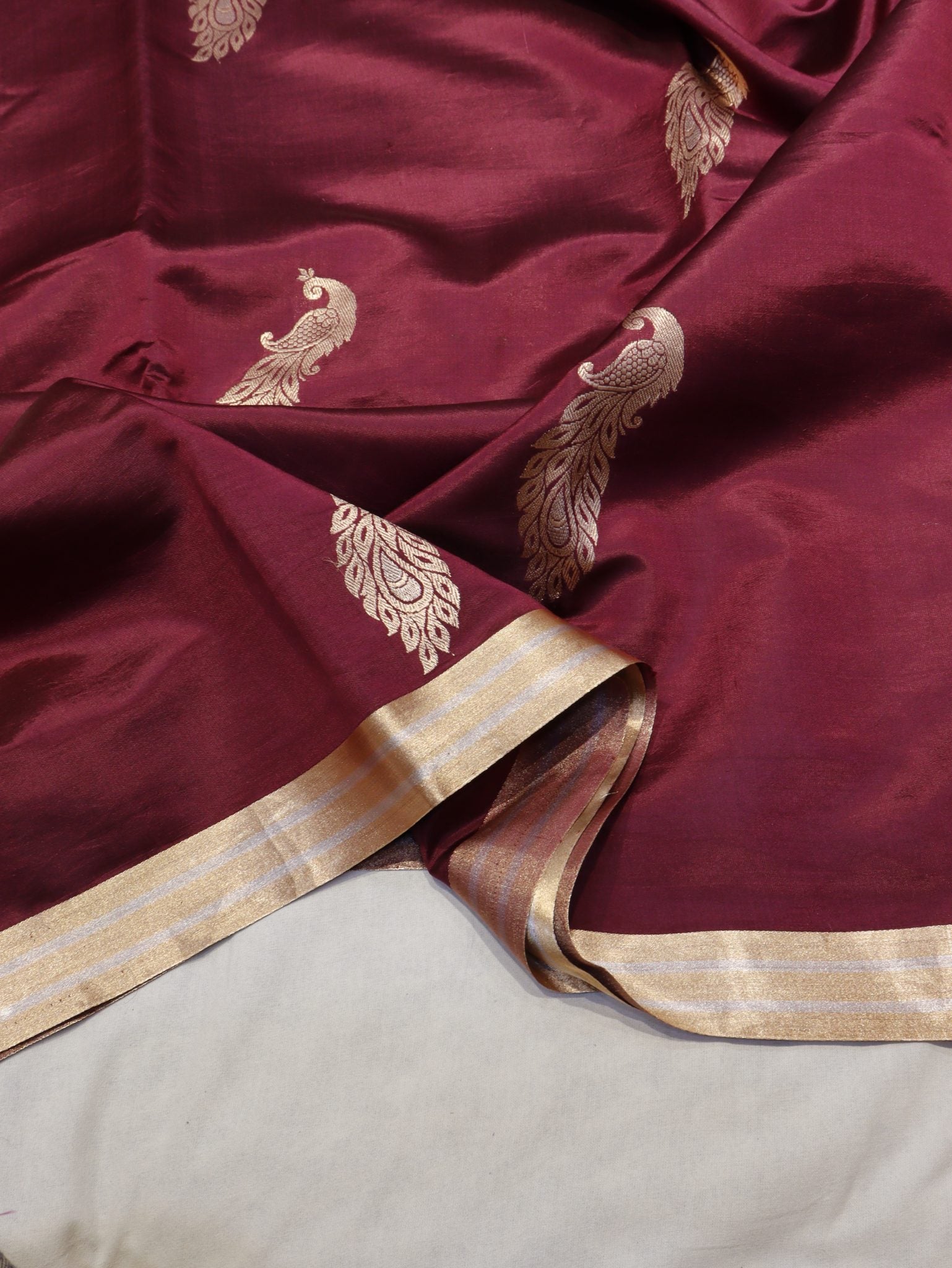 Wine Maroon Soft Katan Banarasi saree full spread