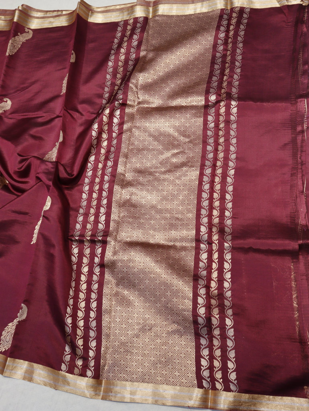 Wine Maroon Soft Katan Banarasi saree zari work detail