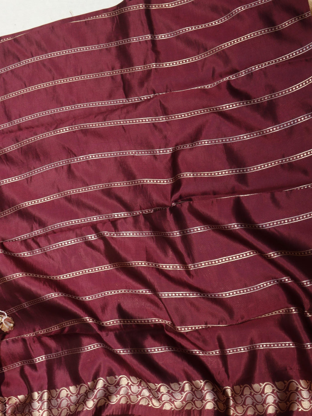 Wine Maroon Soft Katan Banarasi saree front drape view
