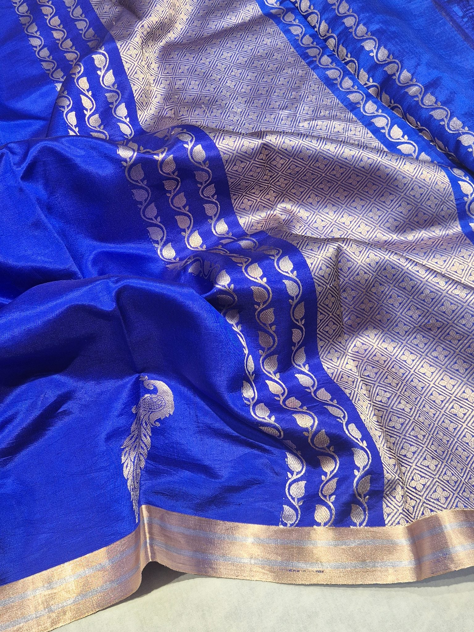 Royal Blue Soft Katan Banarasi saree front drape view