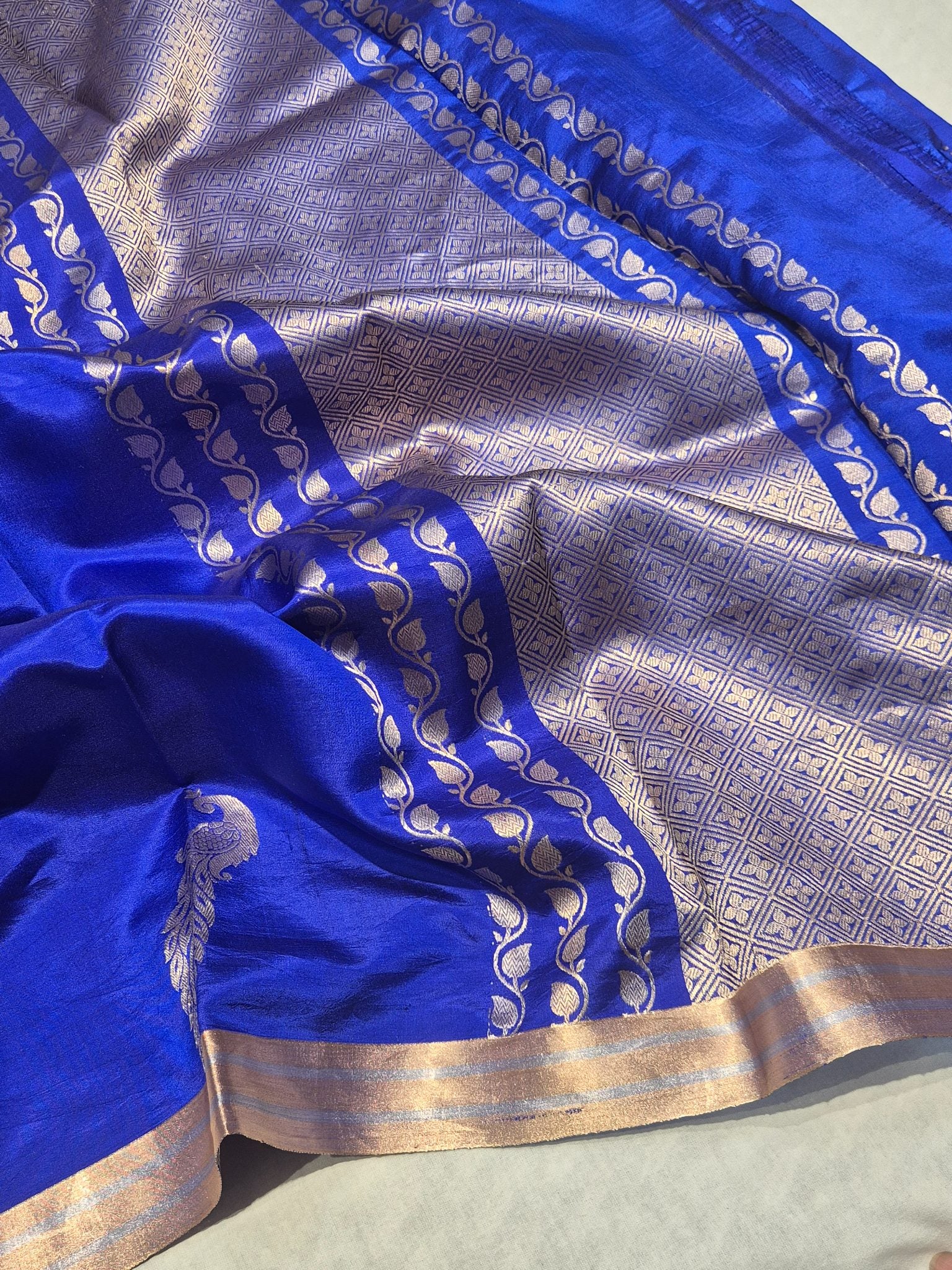 Royal Blue Soft Katan Banarasi saree border closeup