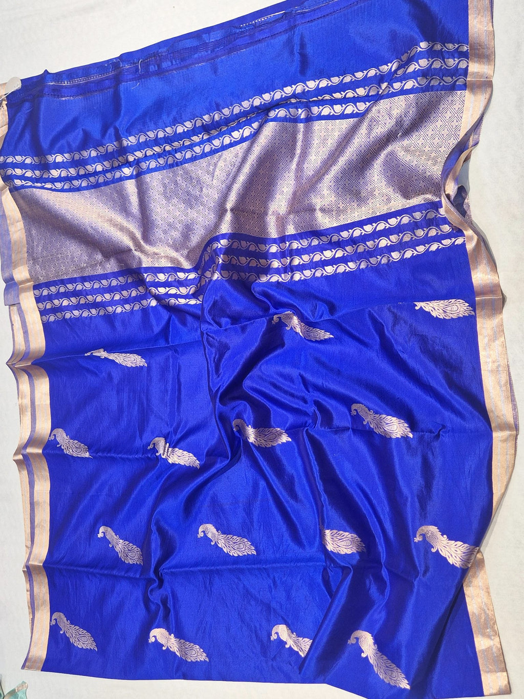 Royal Blue Soft Katan Banarasi saree front drape view