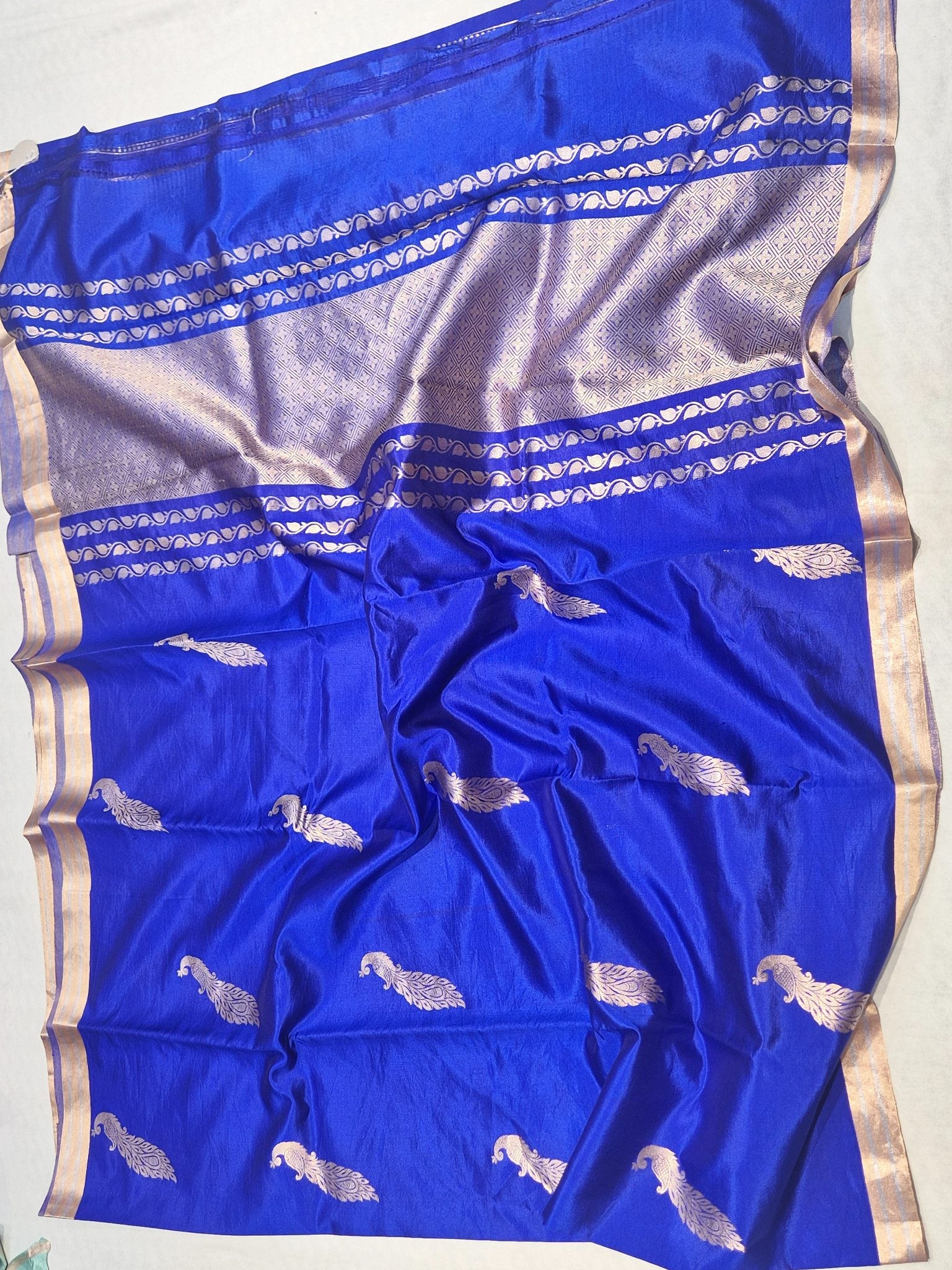 Royal Blue Soft Katan Banarasi saree front drape view