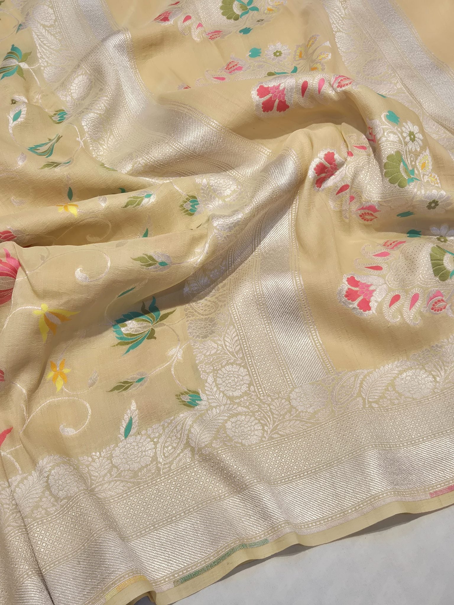 Butter Yellow (Mannan-2M) Tussar Silk Banarasi saree front drape view