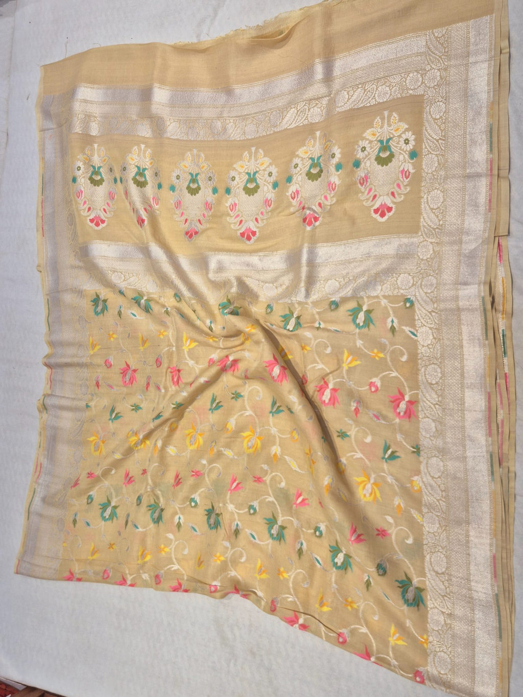 Butter Yellow (Mannan-2M) Tussar Silk Banarasi saree front drape view
