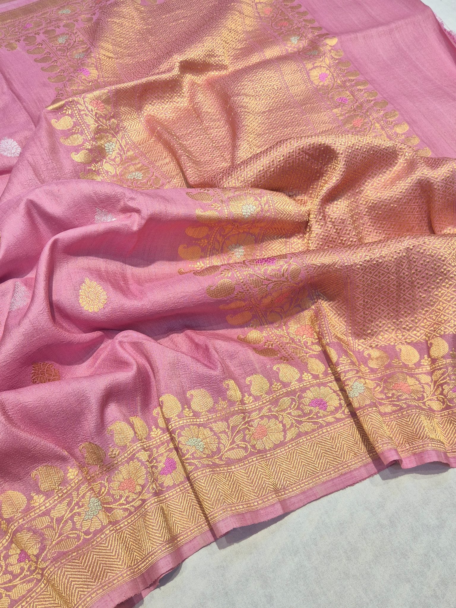 Onion Pink (Mannan-1082M) Tussar Silk Banarasi saree front drape view