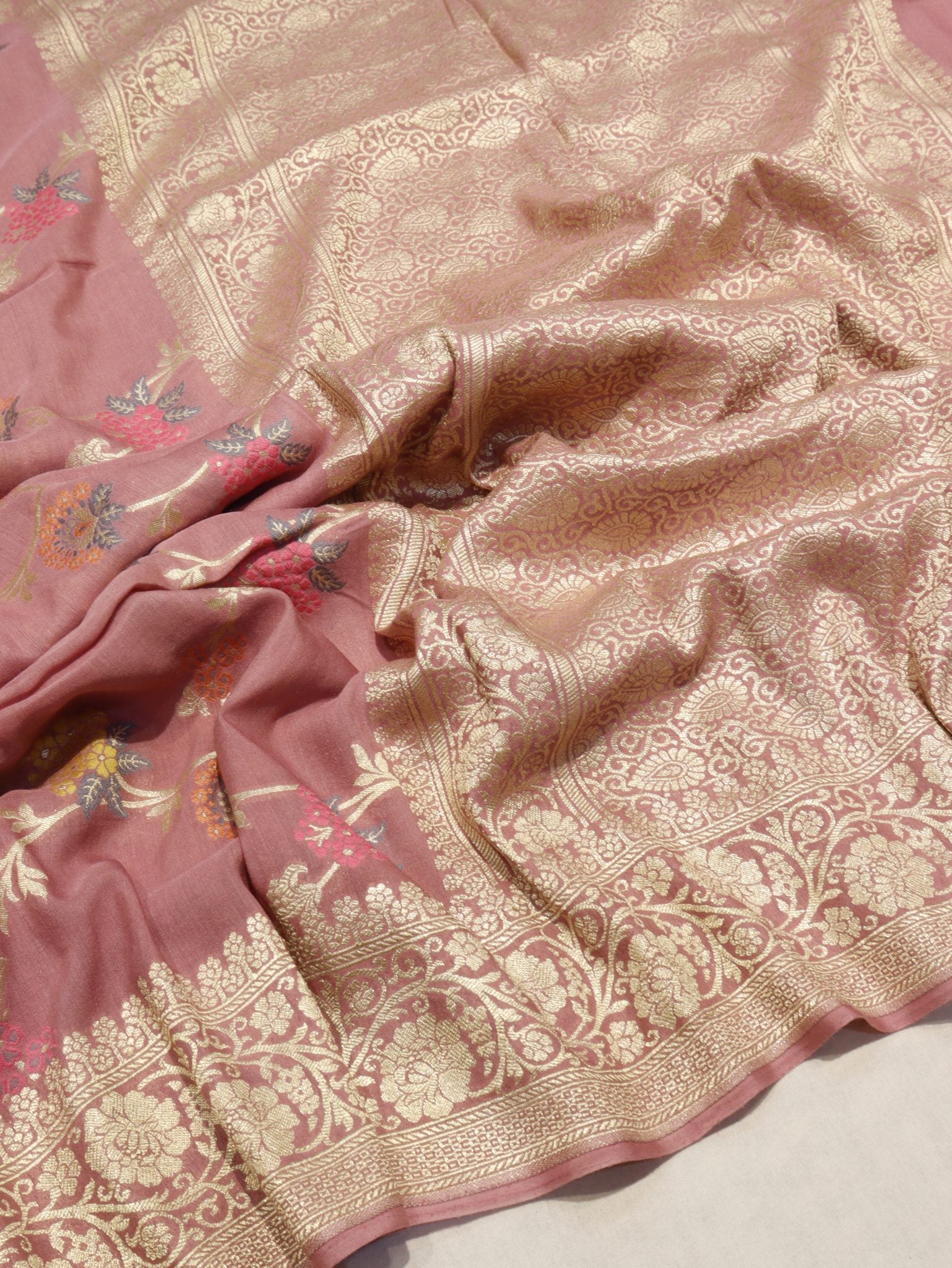 Soft Muted Pink (Mannan-774M) Moonga Silk Banarasi saree front drape view