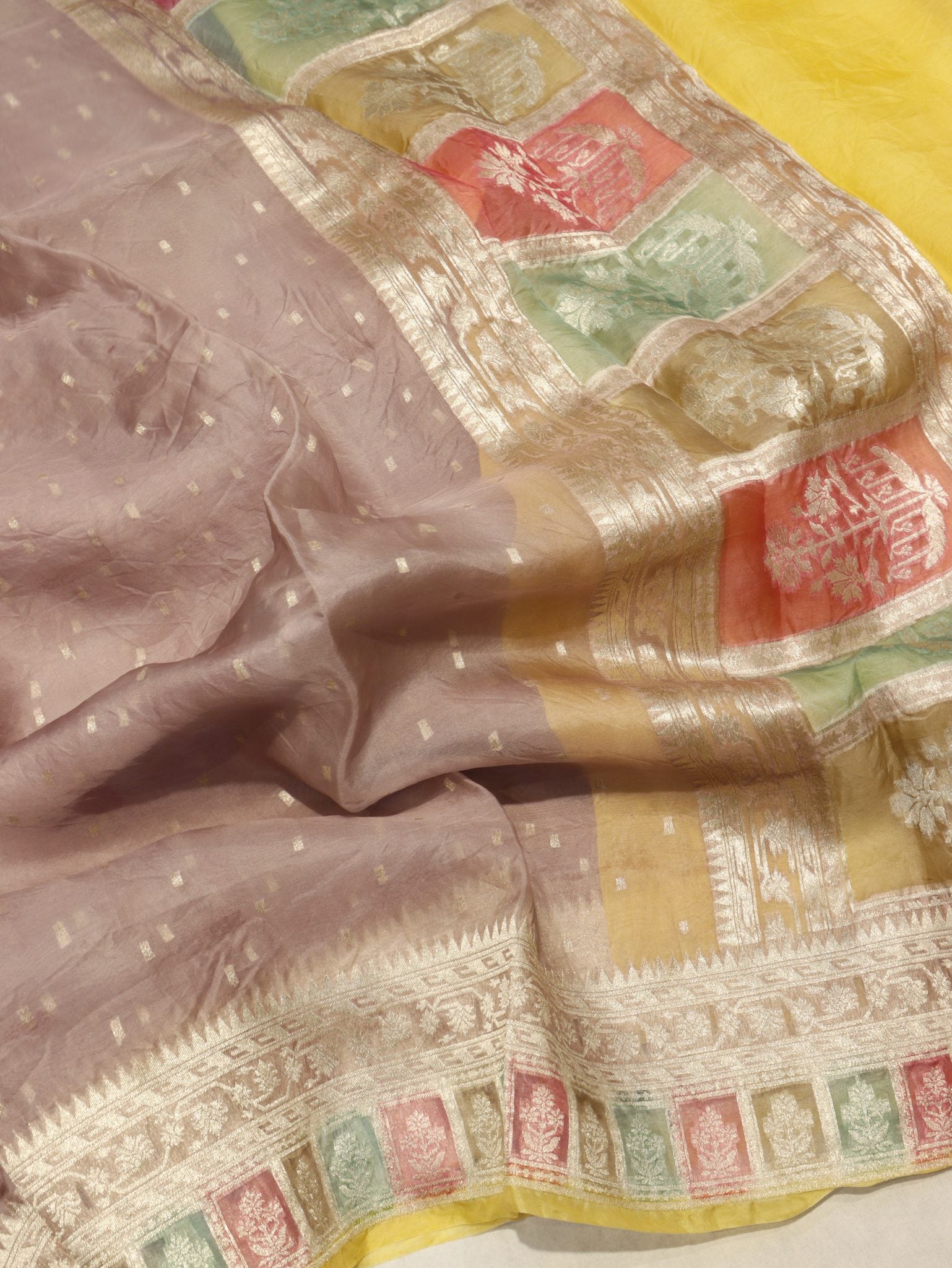 Warm Taupe (Mannan-821M) Kora Silk Banarasi saree front drape view