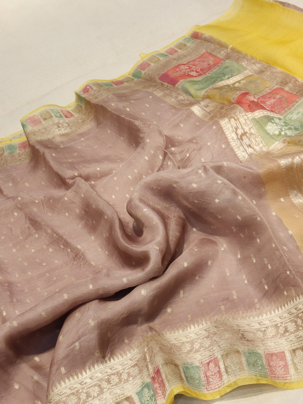 Warm Taupe (Mannan-821M) Kora Silk Banarasi saree texture detail