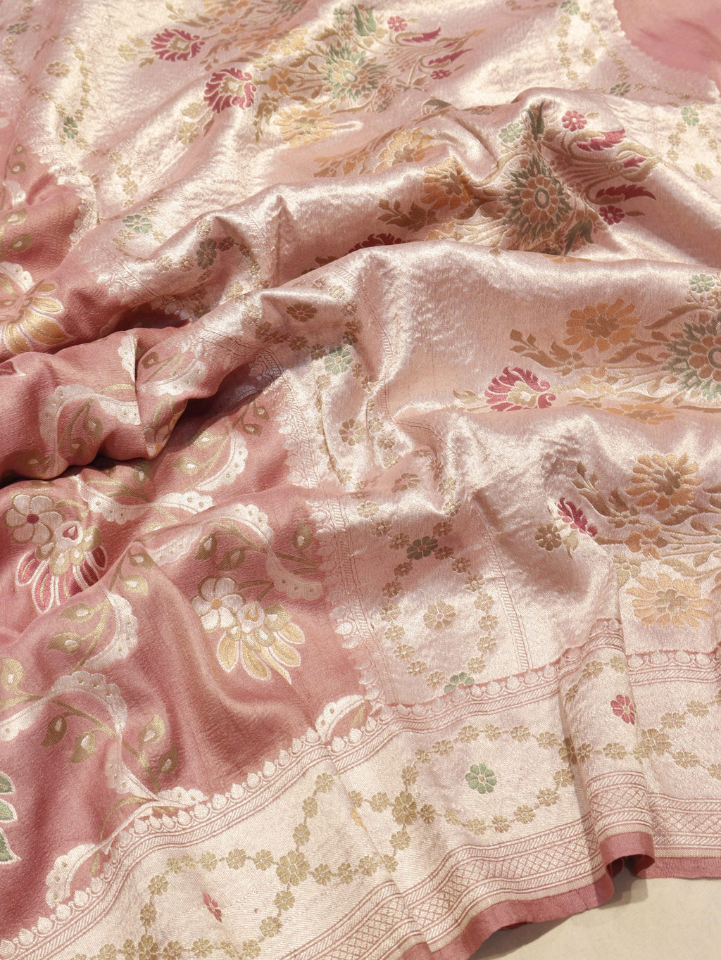 Muted Rose Pink (Mannan-779M) Tussar Silk Banarasi saree front drape view
