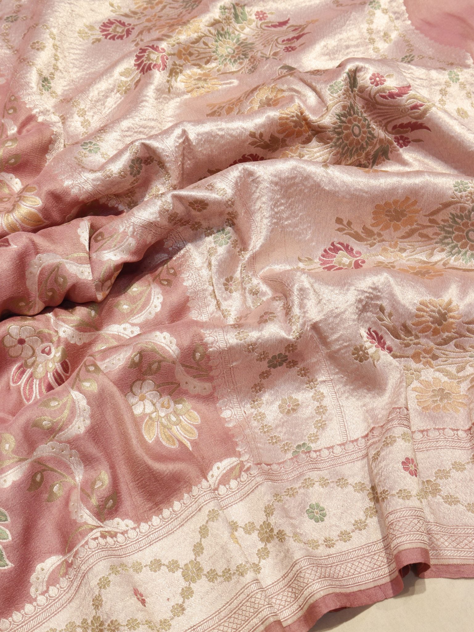 Muted Rose Pink (Mannan-779M) Tussar Silk Banarasi saree front drape view