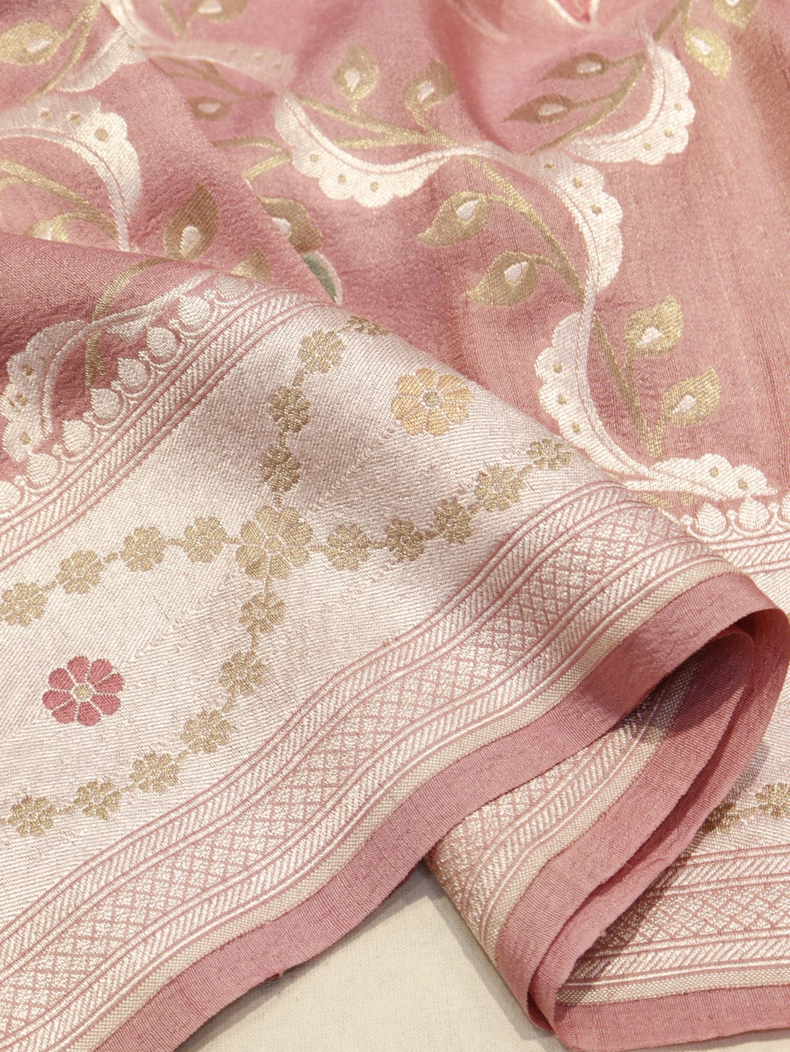 Muted Rose Pink (Mannan-779M) Tussar Silk Banarasi saree texture detail