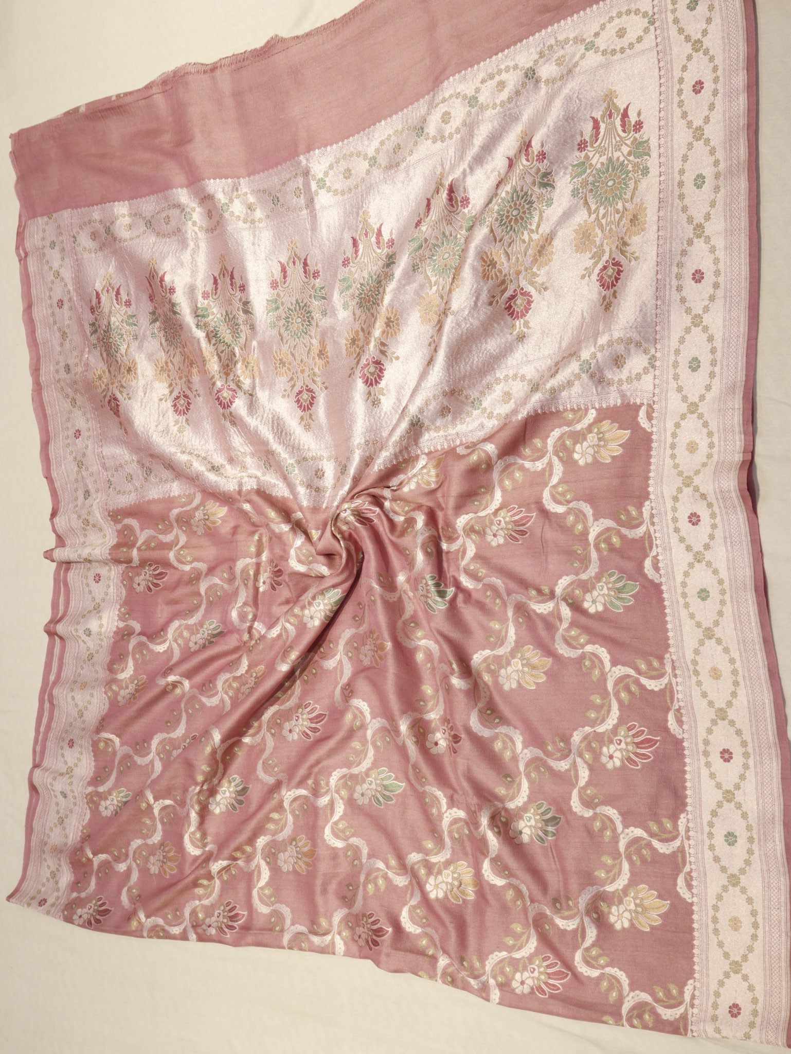 Muted Rose Pink (Mannan-779M) Tussar Silk Banarasi saree front drape view