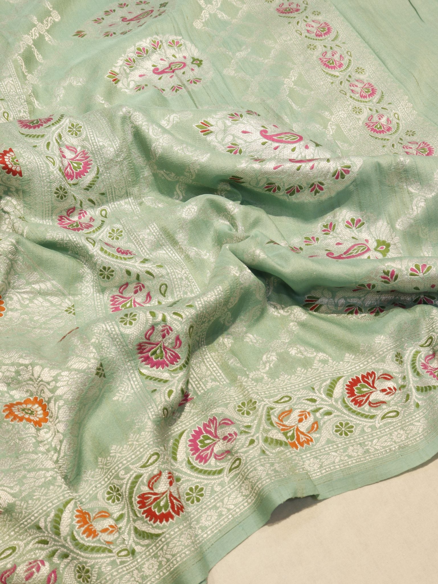 Mint (Mannan-1168M) Tussar Silk Banarasi saree front drape view