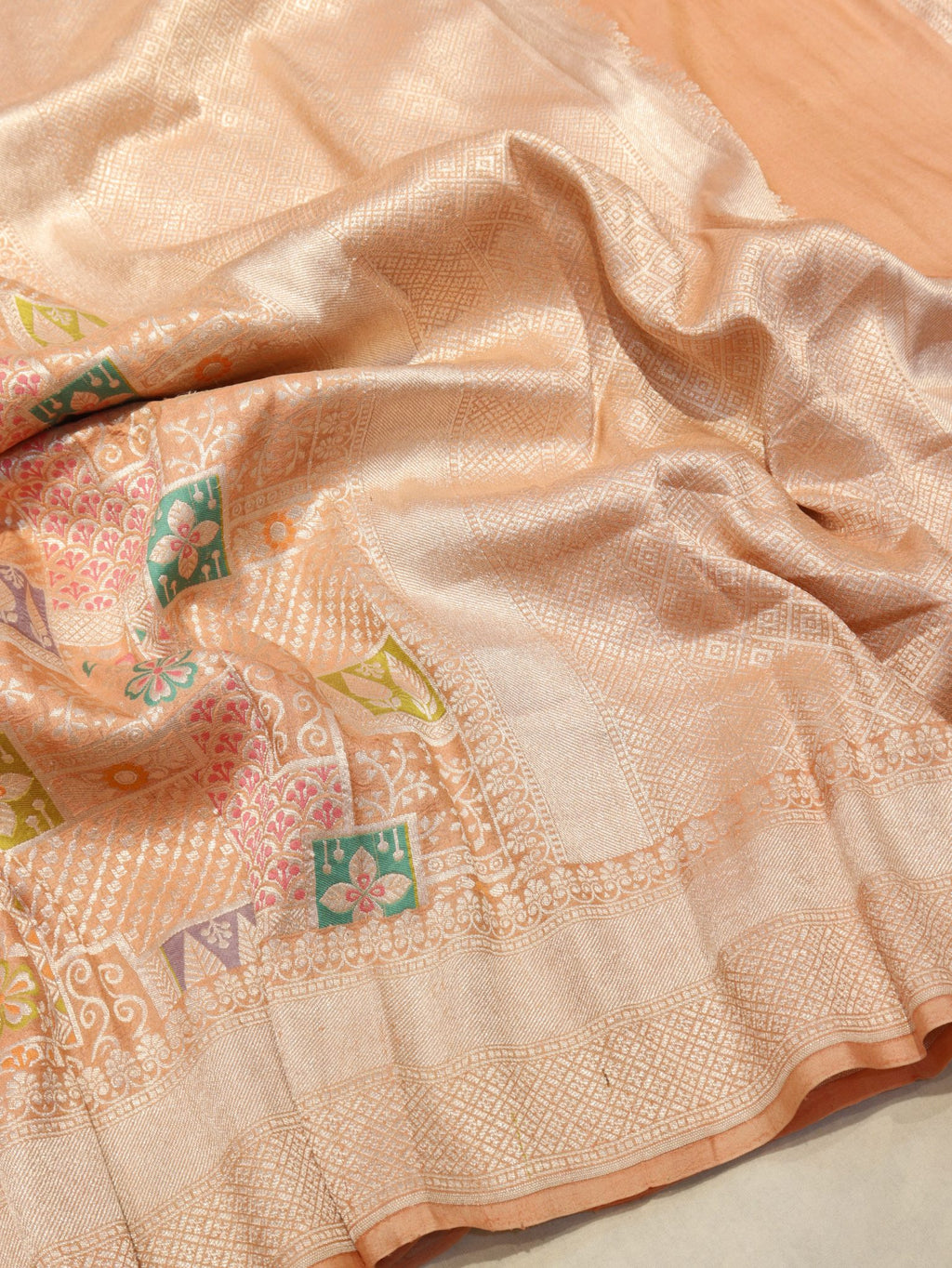 Peach-Orange (Mannan-852M) Tussar Silk Banarasi saree front drape view