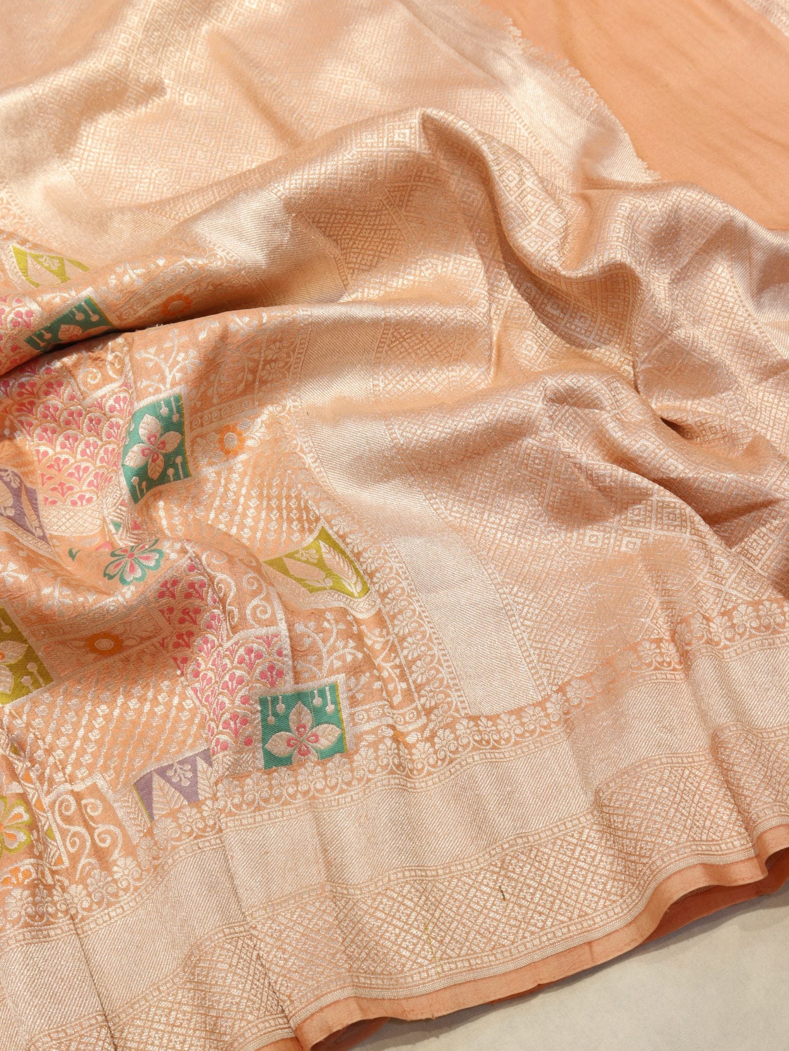 Peach-Orange (Mannan-852M) Tussar Silk Banarasi saree front drape view
