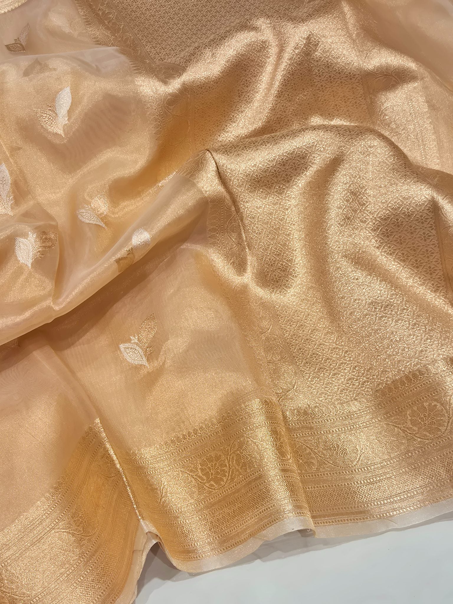 Gold Tissue Silk Banarasi saree front drape view