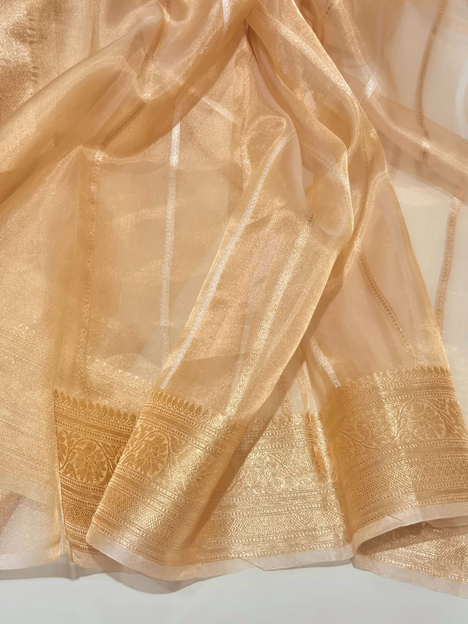 Gold Tissue Silk Banarasi saree front drape view