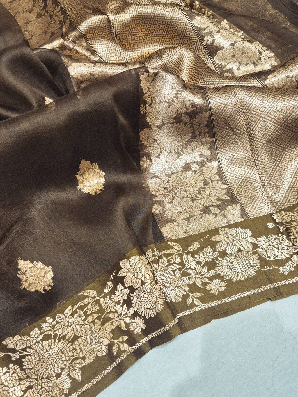 Olive Brown (Mannan-550M) Kora Silk Banarasi saree front drape view