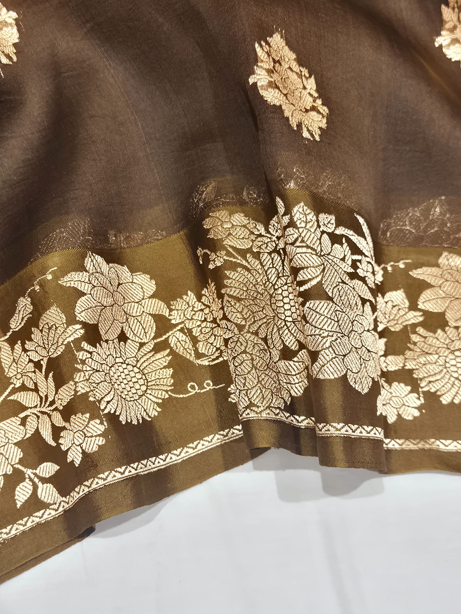 Olive Brown (Mannan-550M) Kora Silk Banarasi saree front drape view